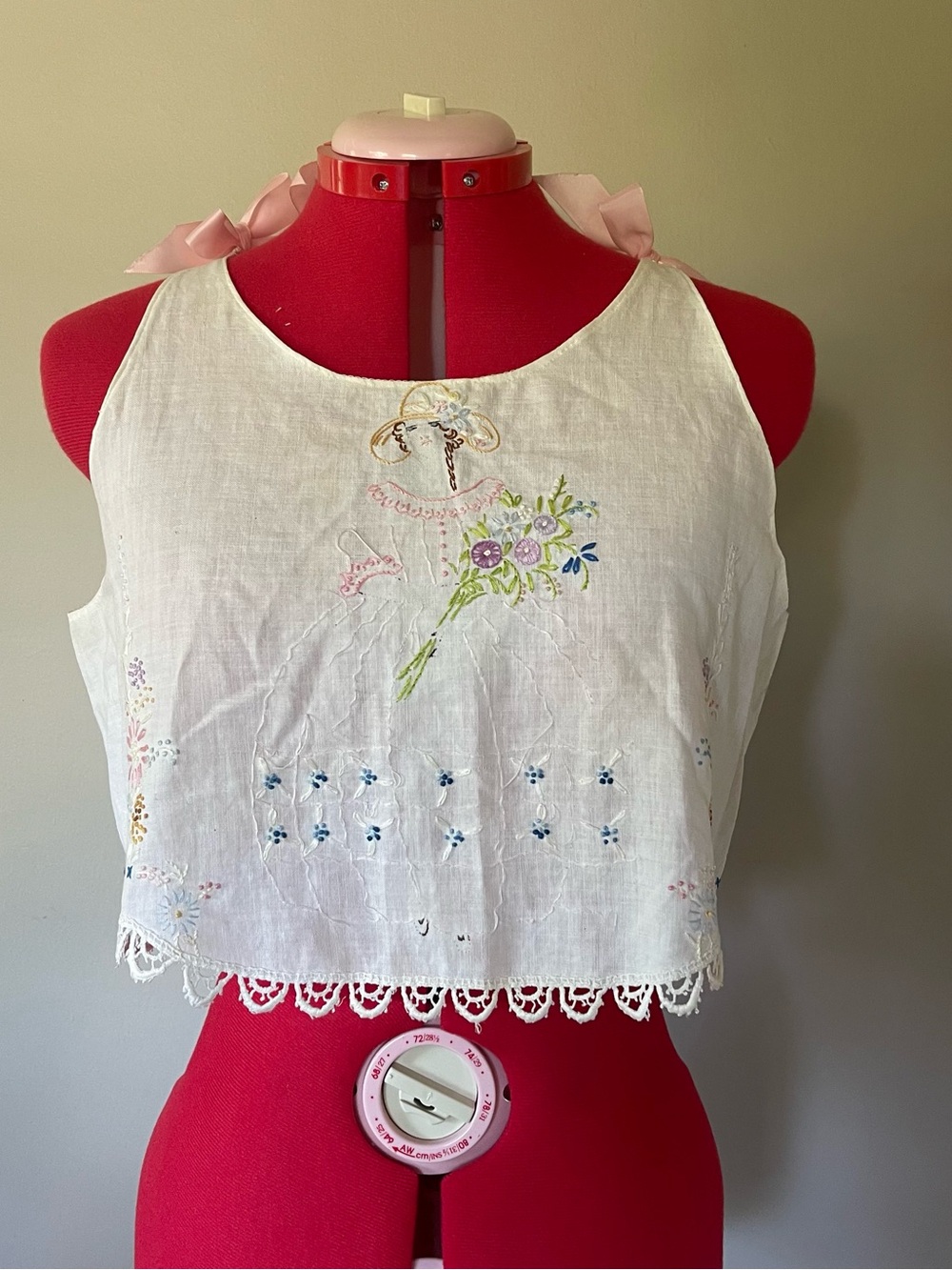 White Embroidered Linen Crop Top with Lace Trim